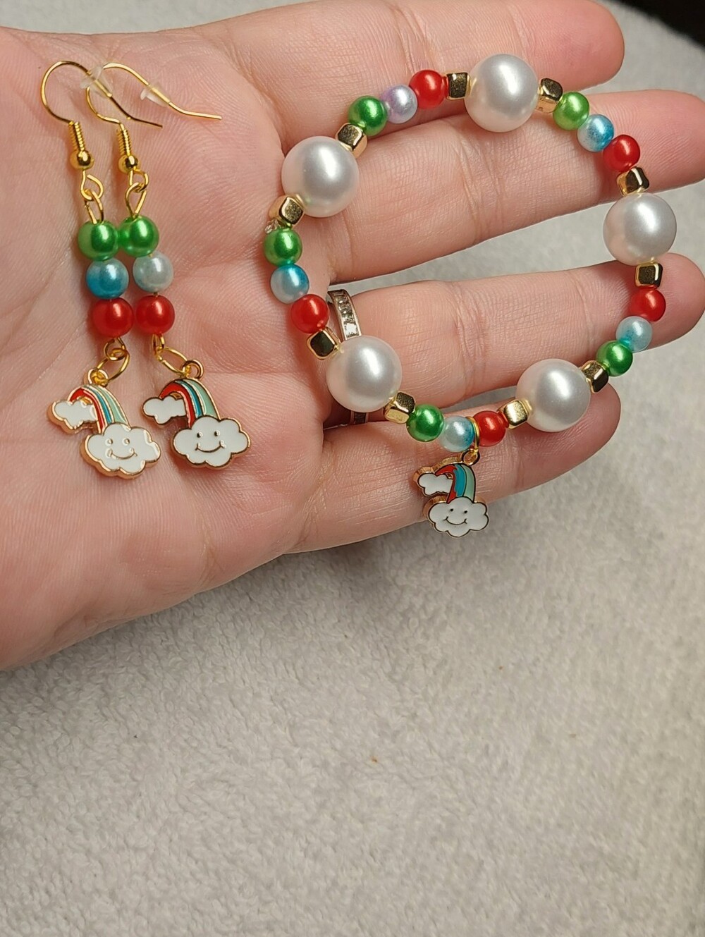 Kids Rainbow Cloud Bead Bracelet & Earring Set - Multicolor